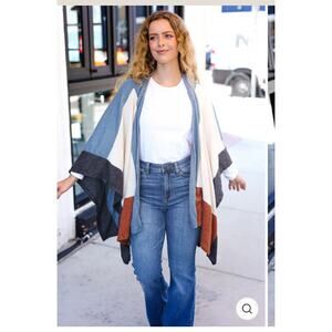 Cozy‎ Color-block Blanket Wrap Poncho Waterfall Cardigan Blue Cream Rust Gray